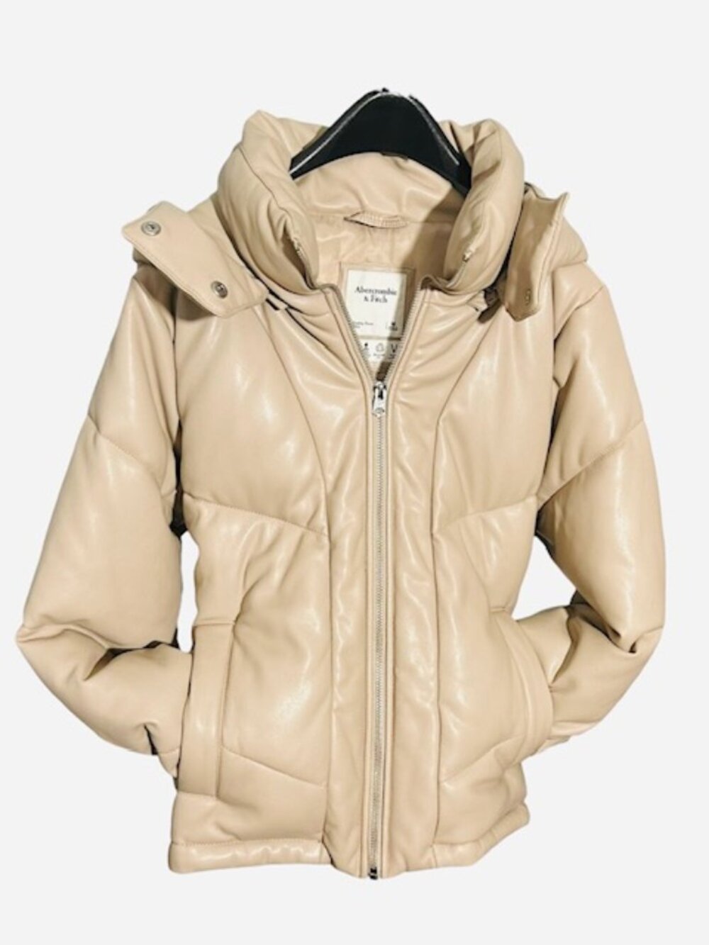 ABERCROMBIE & FITCH Womens (M) Beige Tan Vegan Leather Mini-Puffer Jacket/ Hood